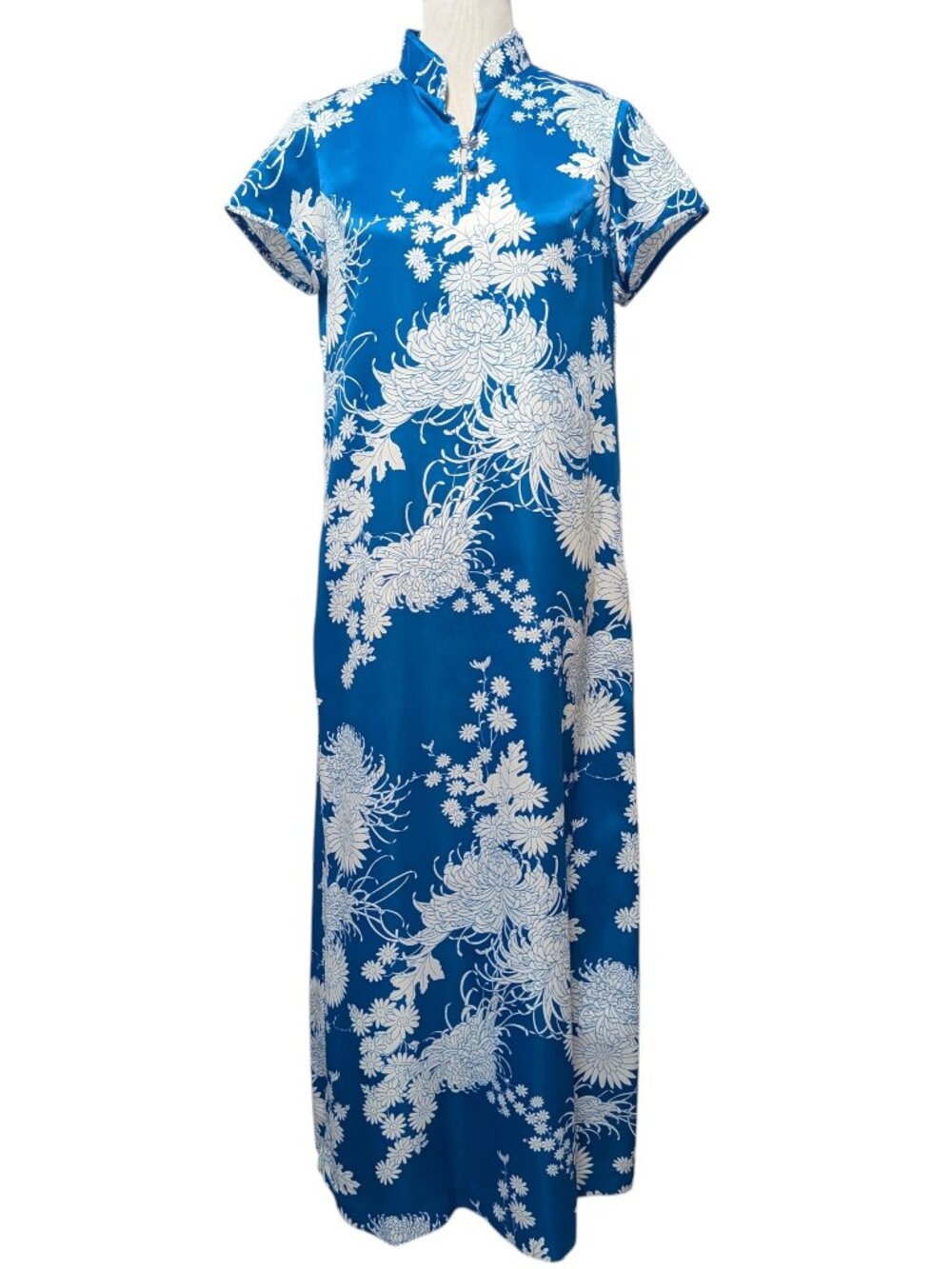 Vintage Lauhala Womens Sz 10 Blue White Floral Asian Hawaiian Column Maxi Dress